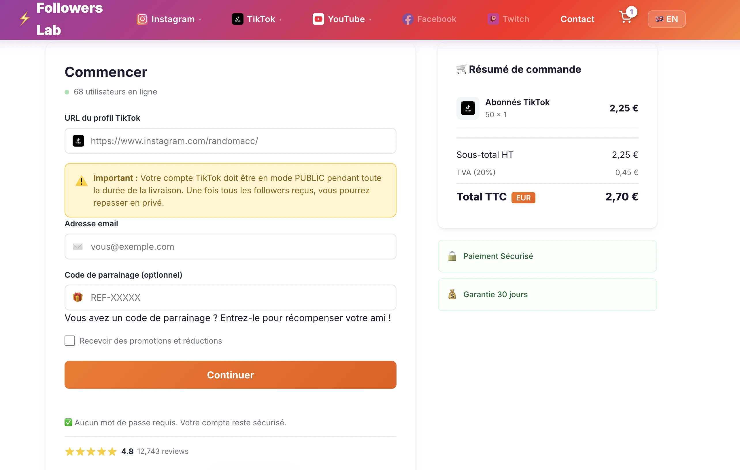 Checkout process to buy TikTok followers on Followers-Lab